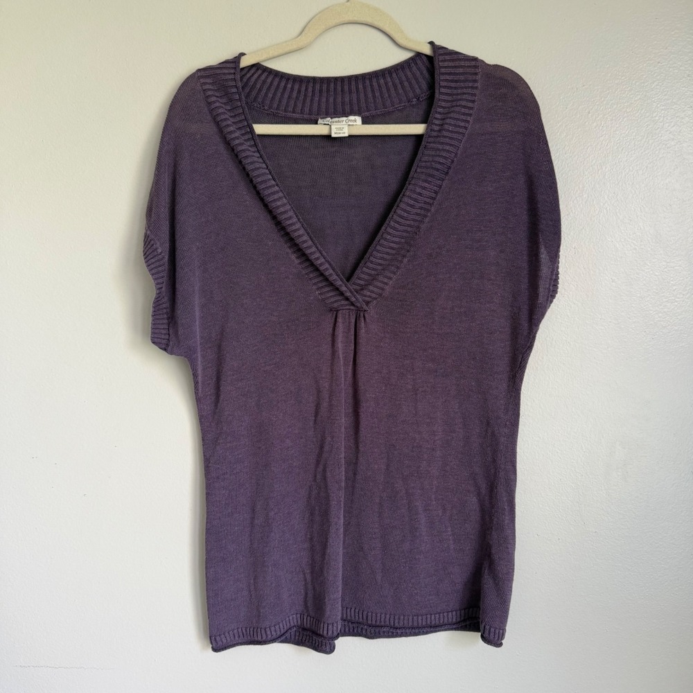 Vintage Lagenlook Purple Linen Blend V-Neck Cap Sleeve Knit Sweater Top M